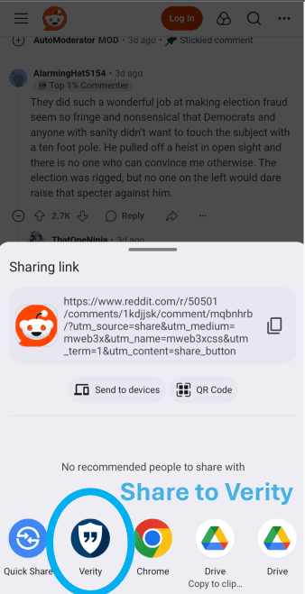 Screenshot of Android share menu showing Verity